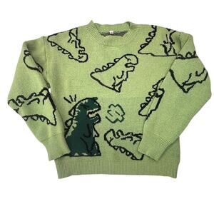 Green Dinosaur Cartoon Knit Sweater Unisex Small Crewneck Graphic Pullover